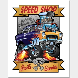 Speed Shop Hot Rod Muscle Car Parts and Service Vintage Cartoon Illustration Posters and Art